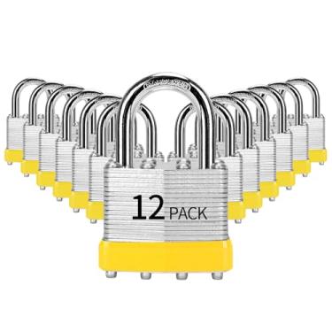 Imagem de HZSY Cadeado com chave de aço laminado (40 mm), fechaduras com chave, embalado com 12, cadeados de manilha normal, aros de plástico amarelo, para caixa de ferramentas, armário e unidade de