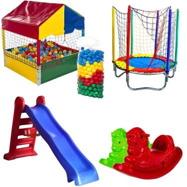 Imagem de Kit Cama Elástica 1,40m Piscina de Bolinhas 1,00m c/ 500 Bolinhas Escorregador Grande 2 Gangorra 1 Lugar