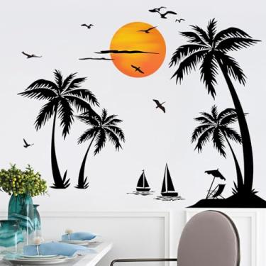 Imagem de Adesivo de parede grande preto palmeira tropical plantas de árvore vintage coqueiro arte de parede removível pôr do sol verão praia gaivota papel de parede para quarto de meninas decoração de casa 893