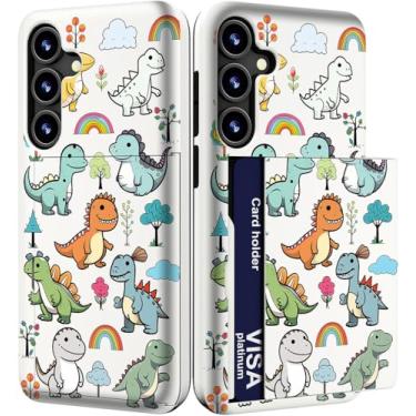Imagem de IWONE Capa para celular compatível com Samsung Galaxy S24 FE fofa com porta-cartões/S24FE Slim Slot para mulheres/dinossauros infantis desenhos animados animais adoráveis árvores arco-íris nuvens
