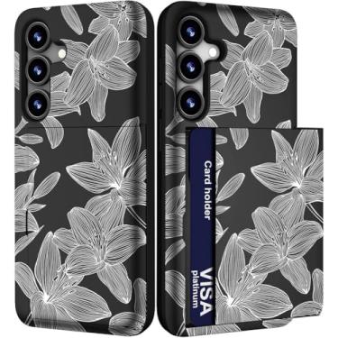 Imagem de IWONE Capa para celular compatível com Samsung Galaxy S24 FE fofa com porta-cartões/S24FE Slim Slot Wallet Phone Cover for Women/Elegant White Flowers Hibiscus Florals Line Art Print