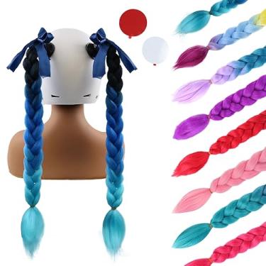 Imagem de Eaaxup Capacete preto azul escuro azul claro 2 Psc com ventosa removível capacete de motocicleta rabo de cavalo capacete de bicicleta tranças de cabelo para qualquer capacete, decorações de muitas