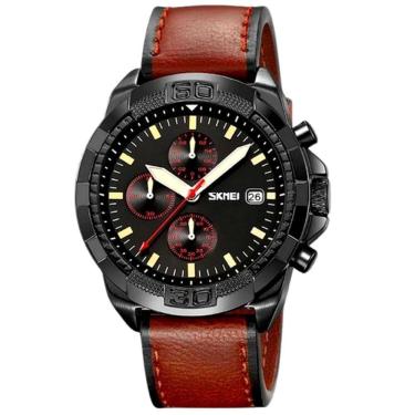 Imagem de Relógio De Quartzo Masculino Pulseira De Couro Genuíno Multifuncional 3atm Impermeável Marrom