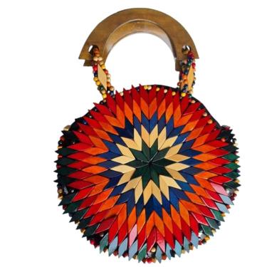 Imagem de Bolsa Artesanal Madeira Redonda Colorida Alça de Mão