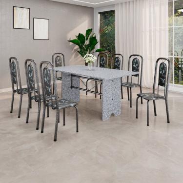 Imagem de Conjunto de Mesa Tubular 180cm X 75cm Tampo Granito Ocre com 8 Cadeiras Lara Preto/Prata