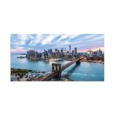 Imagem de MUHJDYC Arte de parede de paisagem urbana - pintura de paisagem arte de parede em tela para sala de estar - impressões panorâmicas em tela arte pôster-ponte arranha-céus horizonte 70 x 140 cm - 27 x