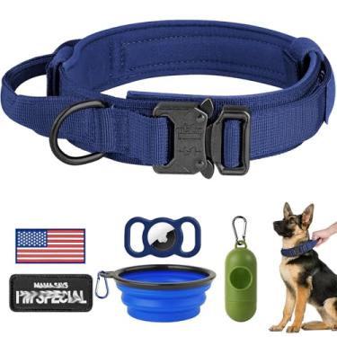 Imagem de HYDEME Coleira tática de nylon ajustável com alça de controle e fivela de metal pesado para cães médios e grandes, com patches, airtags, estojo e dispensador de saco de cocô e tigela portátil. (GG