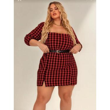 Imagem de Vestido Curto Xadrez Plus Size Meia Estação Manga 3/4 Lastex Ajustável