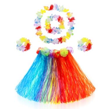 Imagem de Abeillo Pacote com 5 saias havaianas de grama hula, saia dançante de hula com flor, acessório para fantasia de festa havaiana (arco-íris), Colorido., M