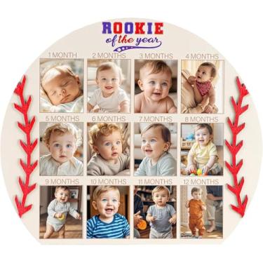 Imagem de Viprest Quadro de fotos de madeira My First Year 35,5 x 28,5 cm, formato de beisebol, marco de 12 meses, porta-retrato de novato do ano, para decoração de festa de chá de bebê de 1º aniversário