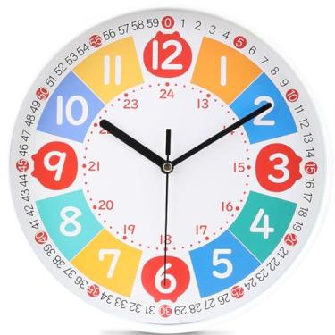 Imagem de Relógio de parede moderno e colorido para crianças, pequeno, silencioso, analógico, redondo, simples, silencioso, quartzo, preto, operado por bateria, sem tique-taque, para banheiro, escritório