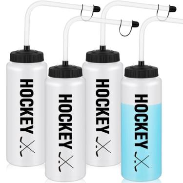 Imagem de Domensi Pacote com 4 garrafas de água esportivas de 1 litro com palha longa de hóquei lacrosse livre de BPA garrafa de plástico fácil de apertar com capacete esportivo em futebol, beisebol, academia