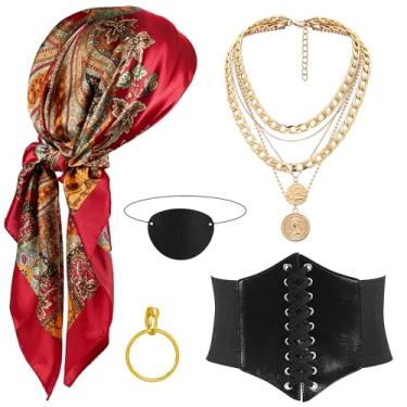 Imagem de CICOCI Conjunto de acessórios de fantasia de pirata para mulheres, chapéu de pirata, lenço de cabeça, faixa, cinto, acessórios de vestido, Vermelho + espartilho, 47 x 47 x 57 inches / 120 x 120 x 145