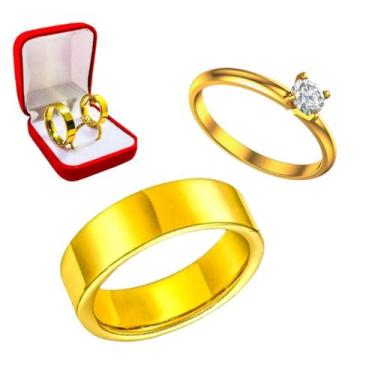 Imagem de Aliança Lisa De Ouro 18k 6mm Reta Casamento + Solitario 2mm Ouro 18k P