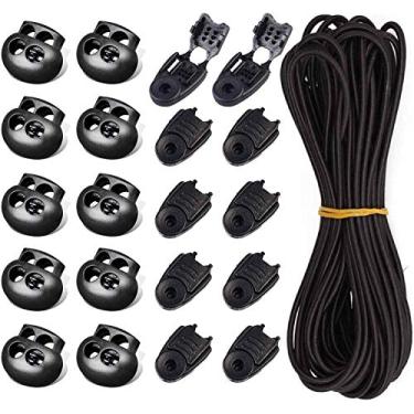 Imagem de 20 peças de cadeados de plástico com cordão elástico de 1,27 cm com cordão redondo elástico pesado, 10 peças de cabo de trava de zíper, 10 peças de orifício duplo (preto) para cordão, cadarços, roupas