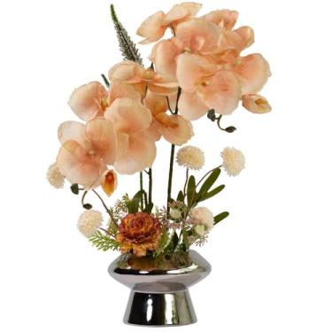 Imagem de LESING Arranjo de flores de orquídeas em vaso, flor artificial de orquídea de seda falsa com vaso de cerâmica, flor de orquídea sintética, bonsai vívido Phalaenopsis para decoração de vasos (vaso de