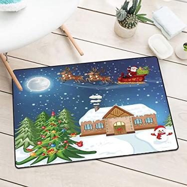 Imagem de GBYAGCS Tapete de porta externo com entrada de Natal, cenário clássico de Natal, Papai Noel, presenteia Rudolf, a rena do nariz vermelho, tapete de porta lavável na máquina, L 60 x C 90 cm, azul