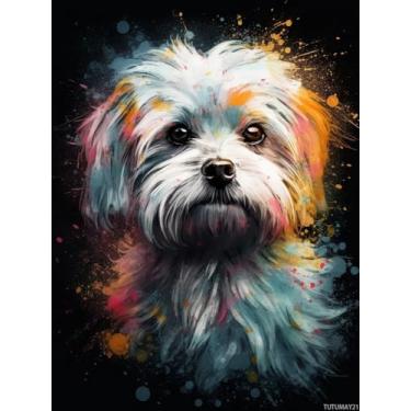 Imagem de TUTUMAY21 Kit de pintura de arte de diamante branco maltês para adultos pintura de arte de diamante por números kits de decoração de parede de parede (tela 30 x 40 cm/12 x 16 polegadas)