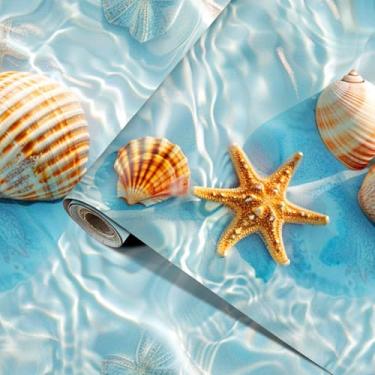Imagem de HOMETITUTE Papel de parede de praia descascar e colar papel de parede concha e estrela-do-mar adesivo de parede de vinil autoadesivo removível para banheiro decoração costeira 39.9 cm x 100.1 cm