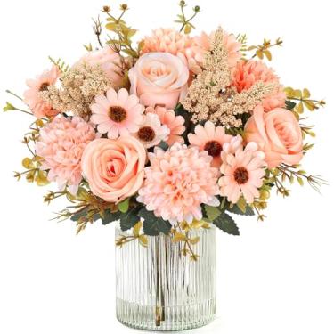 Imagem de Dremisland Buquês de flores falsas, 2 pacotes de buquê de margaridas e rosas de seda, arranjo de flores artificiais, buquês de rosas realistas para mesa de centro de mesa, festa de casamento, cozinha