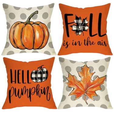 Imagem de Fjfz Fall is in the Air Capas de almofada decorativas 45,7 x 45,7 cm, conjunto de 4, outono Hello Pumpkin Maple Leaves Varanda Outdoor Home Decor, Polka Dots Plaid Farmhouse Sofa Sofa Cushion Case