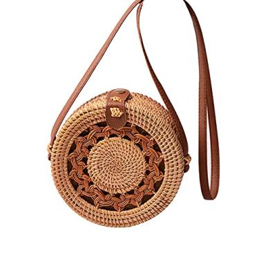 Imagem de SHAREYOIU Bolsa de vime redonda tecida à mão, ombro natural, chique, estilo praia tropical, tecida com alça de couro, Oco, 7 x 3.2 inches