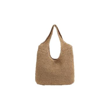 Imagem de SHAREYOIU Bolsa feminina de palha, bolsa de ombro de vime, bolsa de praia com alça superior e cor doce, Cáqui