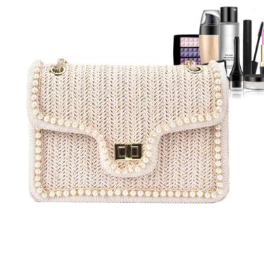 Imagem de Bolsas a Tiracolo Femininas,Bolsa Feminina De Palha Com Pérolas Falsas | Organizador Elegante Para Looks Casuais Com Alça Removível Para Viagem Encontro Noturno Praia Café Férias E Viagem De Negócios