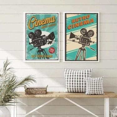 Imagem de Quadros Sala Cinema Retrô Azul 33X24Cm Vidro, Madeira Bran - Quadros O