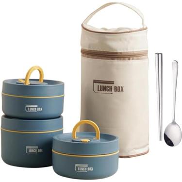 Imagem de Caixa Isolada Bento | Conjunto Caixa Térmica Bento | Lancheira Azul Adulto com Garfo e Colher, Recipiente de Comida Empilhável Interior de Aço Inoxidável