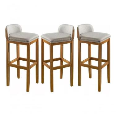 Imagem de Jogo Cozinha Americana 3 Banquetas Detalhe Em Couro Estofado E Encosto Em Linho Premium Pé Madeira