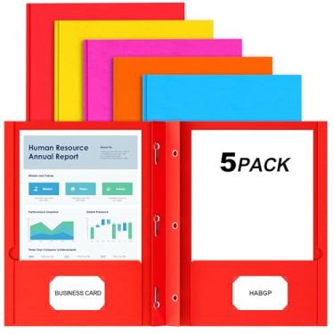 Imagem de HABGP 5 pastas com bolsos e pontas, 2 bolsos resistentes com 3 pinos com suporte para cartão de visita, pastas de arquivo de papel para documentos, material escolar, tamanho carta, 5 cores brilhantes