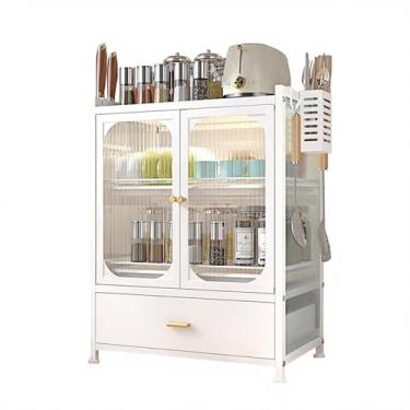 Imagem de FAQINZYUAN Bancada de cozinha com gavetas, escorredor de louça, porta dupla à prova de poeira multifuncional armário de armazenamento de cozinha adequado para cozinhas e restaurantes (branco)