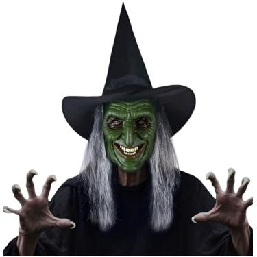 Imagem de JEGERMIG Green Witch Halloween Mask with Gray Hair and Black Hat Horror Costume Accessory