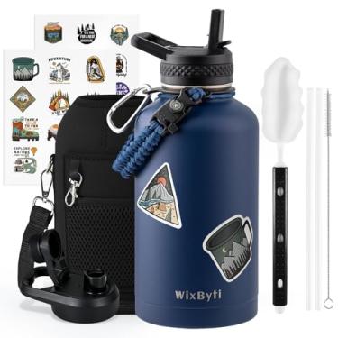 Imagem de WixByti Garrafa de água isolada de 1,8 l com canudo (fria por 48 horas), jarro de água esportivo a vácuo de parede tripla de aço inoxidável de meio galão, frasco hidráulico à prova de vazamento com