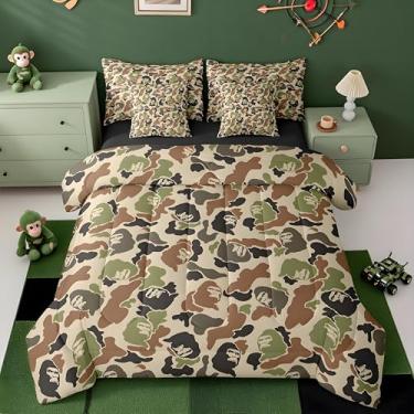 Imagem de Conjunto de edredom camuflado com 7 peças, Queen, camuflado, macaco, caça, decoração de quarto, verde, marrom, preto, respirável, macio e leve