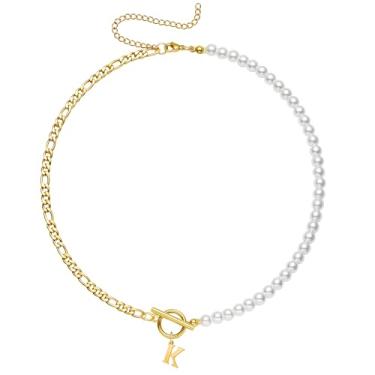 Imagem de Yanxyad Colar feminino com inicial de pérola, ouro 18K, aço inoxidável, letra A-Z, corrente fígaro, 40,6 cm + 7,6 cm, joia de presente para ela, Medium, Aço inoxidável, Sem Pedra Preciosa