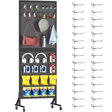 Imagem de Suporte de exibição de quadro de 61 cm x 178 cm, independente, placa de metal com 30 ganchos e rodas, suporte de quadro de pegboard portátil para venda, artesanato, feira, garagem, faça você mesmo