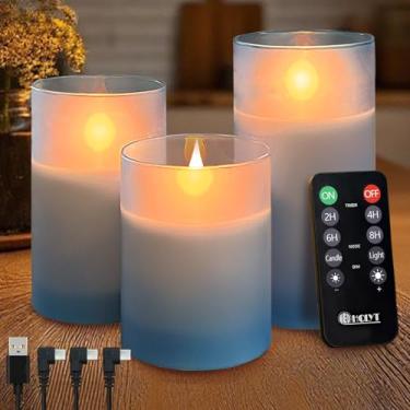 Imagem de LEDHOLYT Vela recarregável sem chama, vela falsa de vidro LED cintilante com controle remoto e temporizador, bateria incorporada, vela eletrônica de cera real para decoração de quarto, conjunto de 3