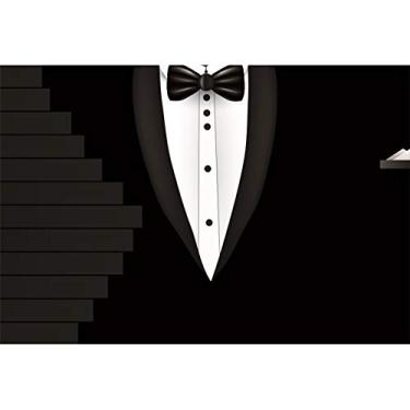 Imagem de Yeele Pano de fundo de smoking de cavalheiro de 2,1 x 1,5 m para fotografia, camisas brancas, terno de smoking preto, fundo de gravata borboleta para casamento, Dia dos Pais, Dia do Chefe, festa de