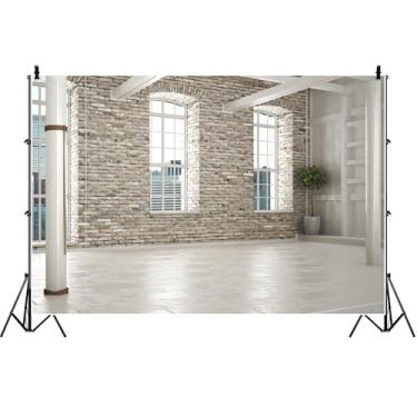 Imagem de Yeele 3 x 2,4 m pano de fundo moderno de villa para fotografia, negócios, escritório, planta verde, parede de tijolos, fundo vazio para sala de estar para reuniões online, videoconferência, estúdio