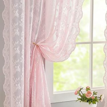 Imagem de YJ YANJUN Cortinas de renda rosa 274 cm de comprimento, 2 painéis, lindas cortinas florais transparentes para cenários de porta deslizante, decoração de quarto de bebê menina romântico, filtragem de