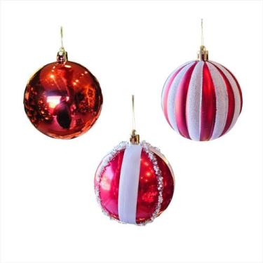 Imagem de Kit 3 Bola De Natal Com Linhas Em Glitter Vermelha E Branca Enfeite Na