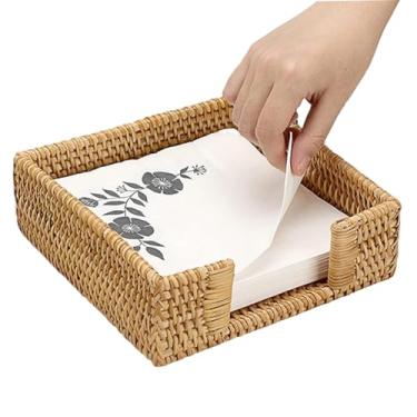 Imagem de Suporte de guardanapo de vime, cesta de guardanapo, cesta de vime quadrada rústica de 17 x 18 cm para decoração de casa de fazenda, suporte para mesa