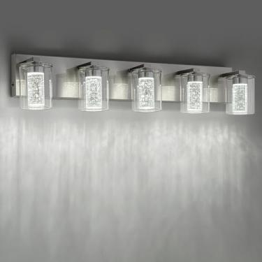 Imagem de SineRise Luminária de níquel escovado (5 luzes, 32 polegadas), (3000K/4000K/6000K, regulável), luminária LED de proteção ocular para banheiro, luz de parede moderna sobre espelho com sombra de vidro