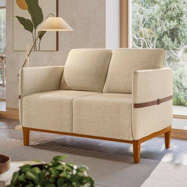 Imagem de Sofá Living 2 Lugares com Pés em Madeira Maciça 129cm Estelí Espresso Móveis Linho Bege/Sintético Caramelo