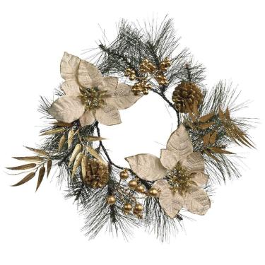 Imagem de Guirlanda Decorada Luxo Dourado e Champanhe Bico de Papagaio, Pinhas e Berries 35cm - Magizi