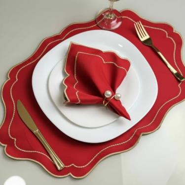 Imagem de Kit Jogo Americano Sousplat Bordado Suplat de Mesa Posta Redondo/Retangular e Guardanapos (Realeza Vermelho, Mesa 2 Lugares (4 Peças))