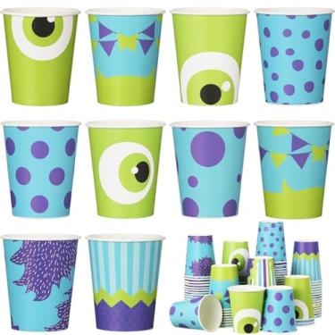 Imagem de Vesici 100 peças de copos de papel descartáveis de 265 ml, copos de festa com tema de monstro azul roxo verde para meninas, meninos, aniversários, decorações de chá de bebê