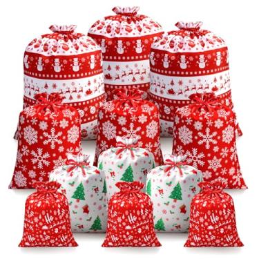 Imagem de ARGCONNER 12 sacos de presente de Natal com cordão, sacos de presente de tecido reutilizável sortidos em 4 tamanhos e designs para lembrancinhas de festa de Natal, guloseimas, enfeites de meia